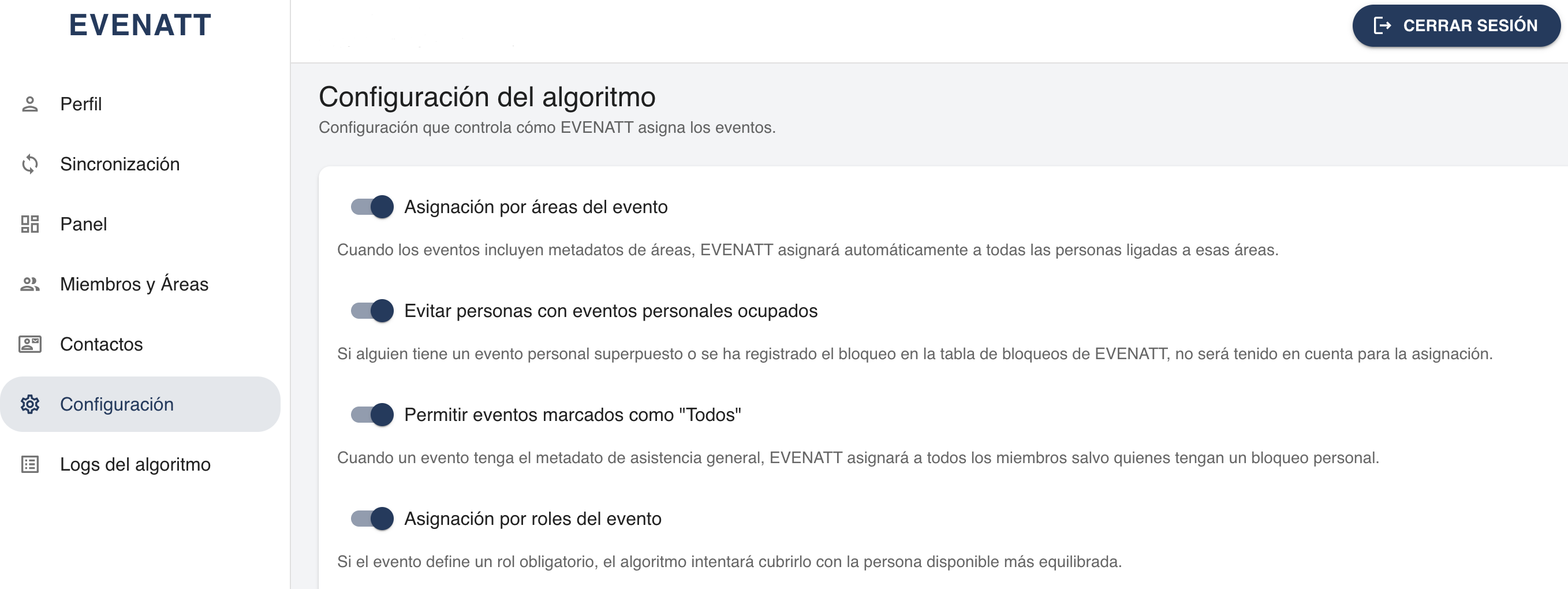 Configuración del algoritmo en EVENATT