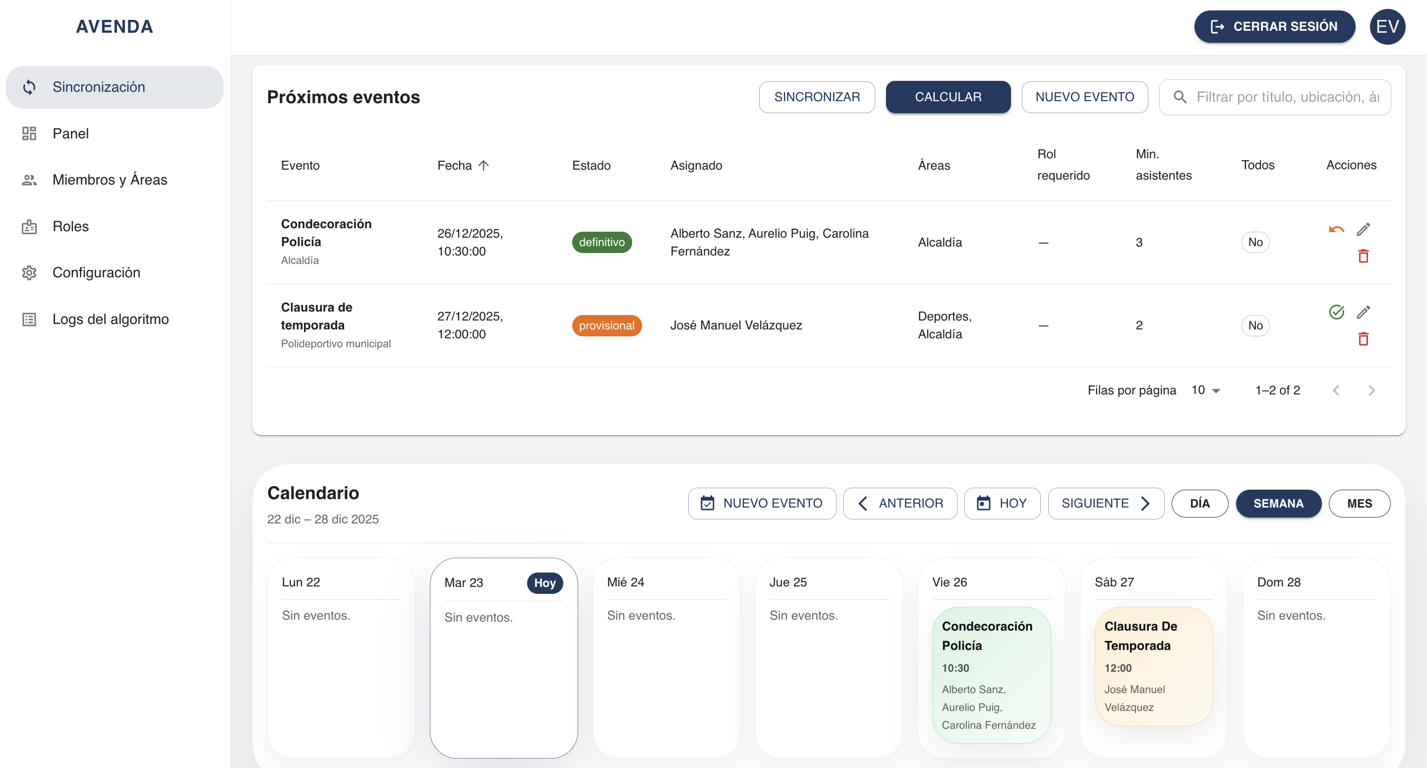 Vista de sincronización en EVENATT